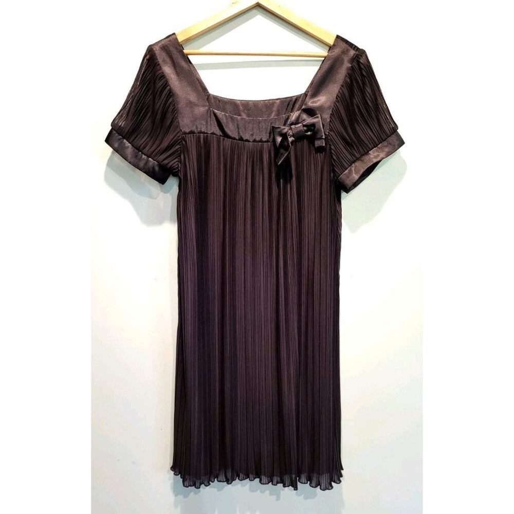Black Short Puff Sleeve Crinkle Square Neck A-line Dress Bow Sz 14 Whimsigoth